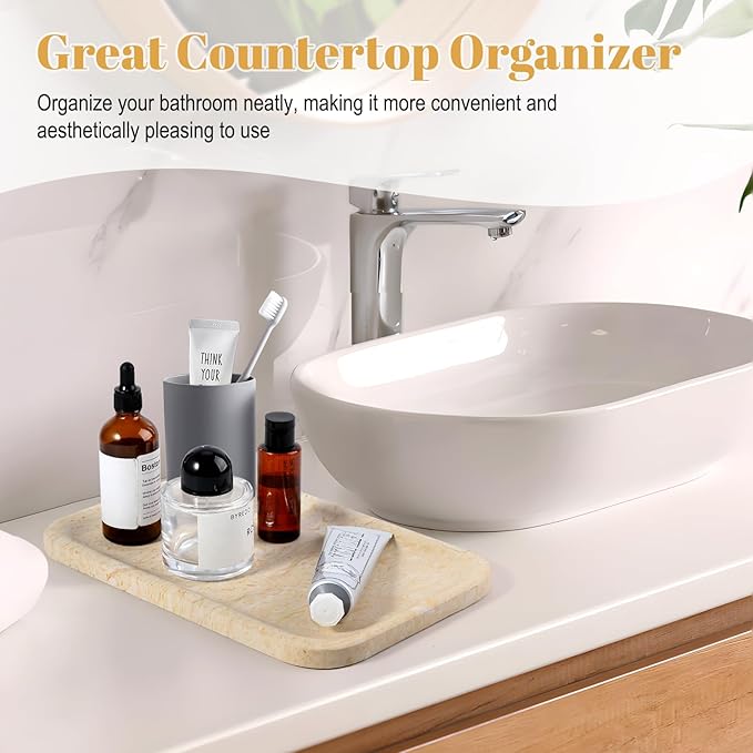 Koville Marble Tray, 12"x8" Marble Vanity Tray for Bathroom Kitchen Countertop, Rectangular Stone Tray for Cosmetics Perfume Trinket, Decorative Catchall Trays (Beige)