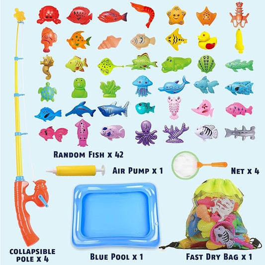 CozyBomB™ Magnetic Fishing Toys Game Set for Kids | Water Table Bathtub Kiddie Pool Party Pole Rod Net, Outdoor Plastic Floating Fish, Toddler Bath Color Ocean Sea Animals Birthday Gift Age 3-5 6 4-8