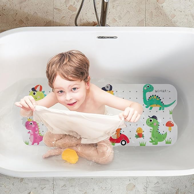 Bath Mat for Tub Non Slip Kids Bathtub Mat Extra Long 40X16 Inch Anti Slip Bathroom Toddler Shower Mat Baby Tub Mat with Suction Cups & Drain Holes (Dinos)