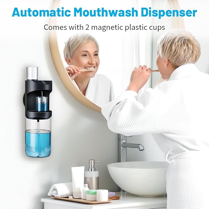Automatic Mouthwash Dispenser, 19.35oz Touchless Electric Wall-Mounted & Countertop, Rechargeable Mouth Wash Dispensers for Bathroom with Magnetic Cups for Kids & Adults, Black