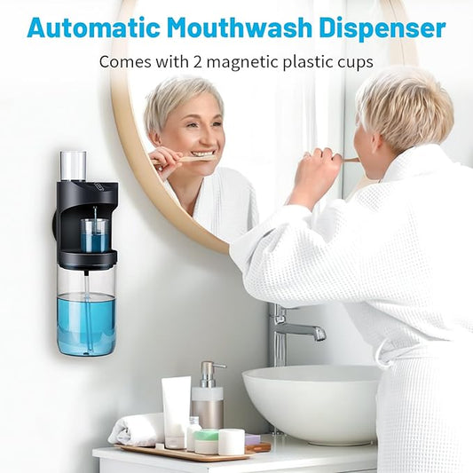 Automatic Mouthwash Dispenser, 19.35oz Touchless Electric Wall-Mounted & Countertop, Rechargeable Mouth Wash Dispensers for Bathroom with Magnetic Cups for Kids & Adults, Black