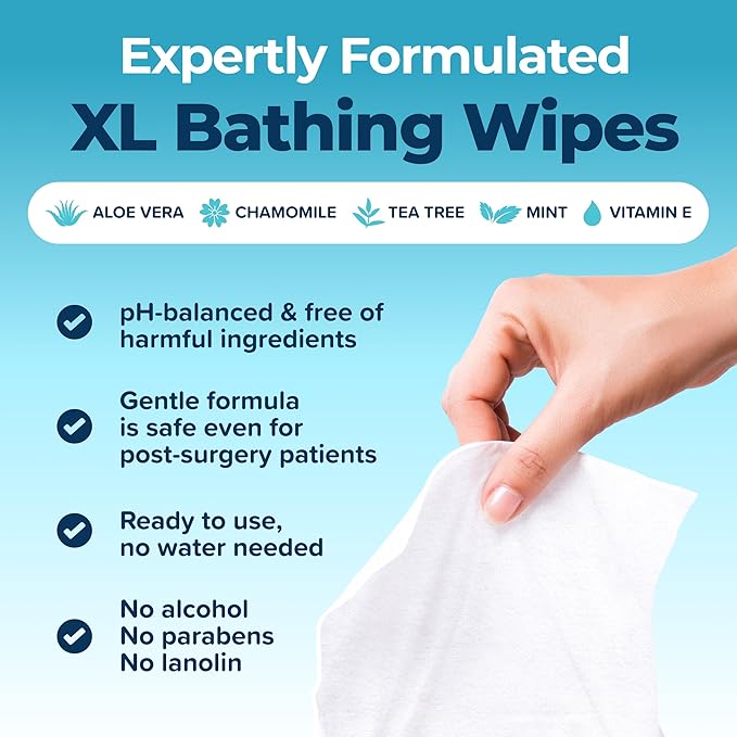 Body Wipes For Adults Bathing No Rinse 50pc XL - Ultra Thick Shower Travel Wipes For Personal Cleansing & Hygiene Essentials, Elderly Care, Incontinence Disposable Washcloths For Women Men
