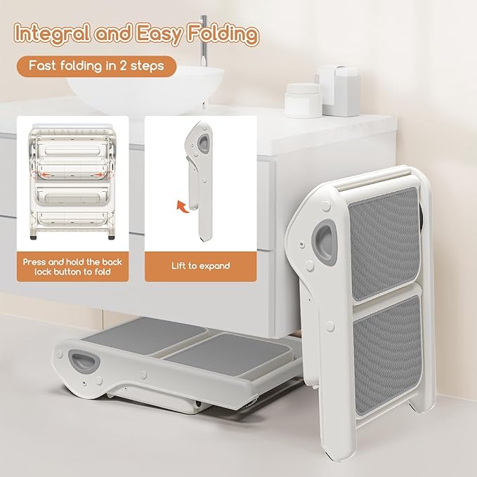 Foldable Toddler Step Stool for Bathroom Sink - 2-Step Kids Stool for Potty Training, Kitchen Counter & Bedroom, Sturdy Non-Slip Child Safety Stool Helper