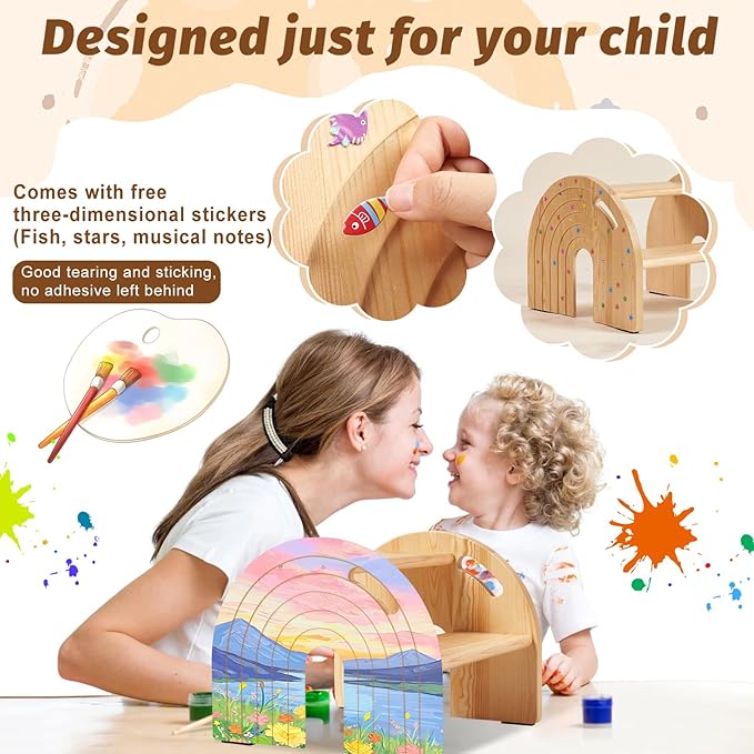 Rainbow Wooden Toddler Step Stool for Kids, Two-Step Stool for Bathroom Sink and Potty Training, Child Stepping Stool for Kitchen with Safety Non-Slip Pad, Handle and Auto Light