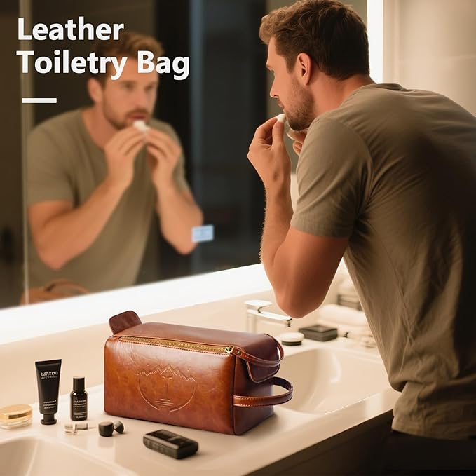 Personalized Toiletry Bag for Men,Initial Mens Toiletry Bags for Traveling,Men Travel Toiletries Bag,PU Leather Shaving Bag for Toiletries Accessories kit,Brown I