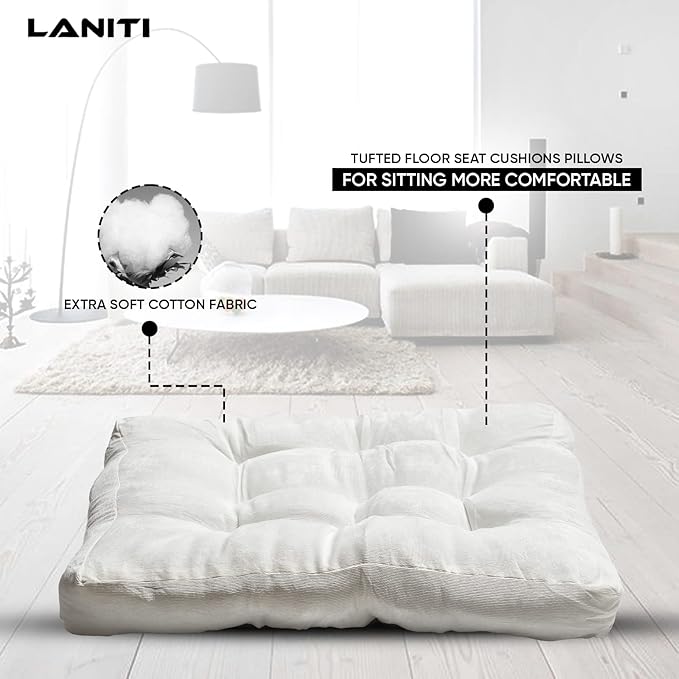 LANITI 24” Inch Extra Large Floor Cushions Tufted Floor Pillow for Adults Square Meditation Ultimate Comfort Oversized Pillows for Floor Cushion (White)