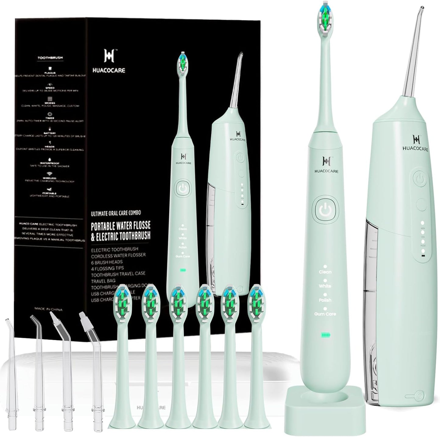 2-1 Oral Clean Kit- Water Dental flosser & Electric Toothbrush Combo- Brushing & Flossing- for Teeth Cleaning and Gum Health (Light Green)