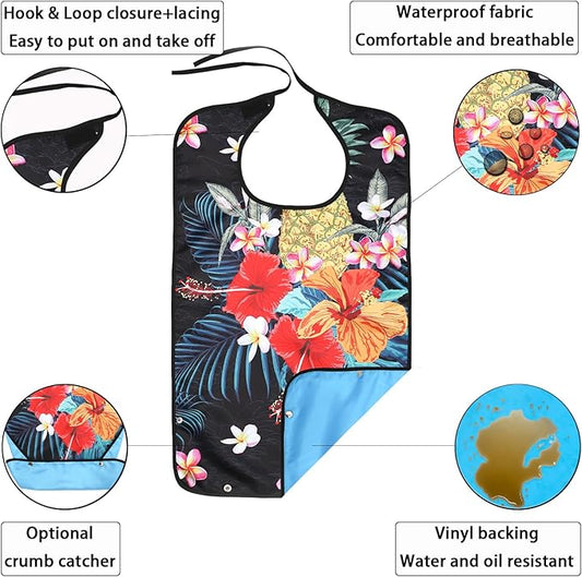 3 Pack Adult Bibs for Women, Adult Bibs for Special Needs Adults, Waterproof Leakproof Clothing Protector, Washable & Dryable Large Bib