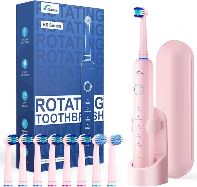 Rtauys Rotating Electric Toothbrush for Adults with 8 Brush Heads (2 Types), 5 Modes Rechargeable Power Toothbrush with Travel Case and 2 Minute Smrte Timer
