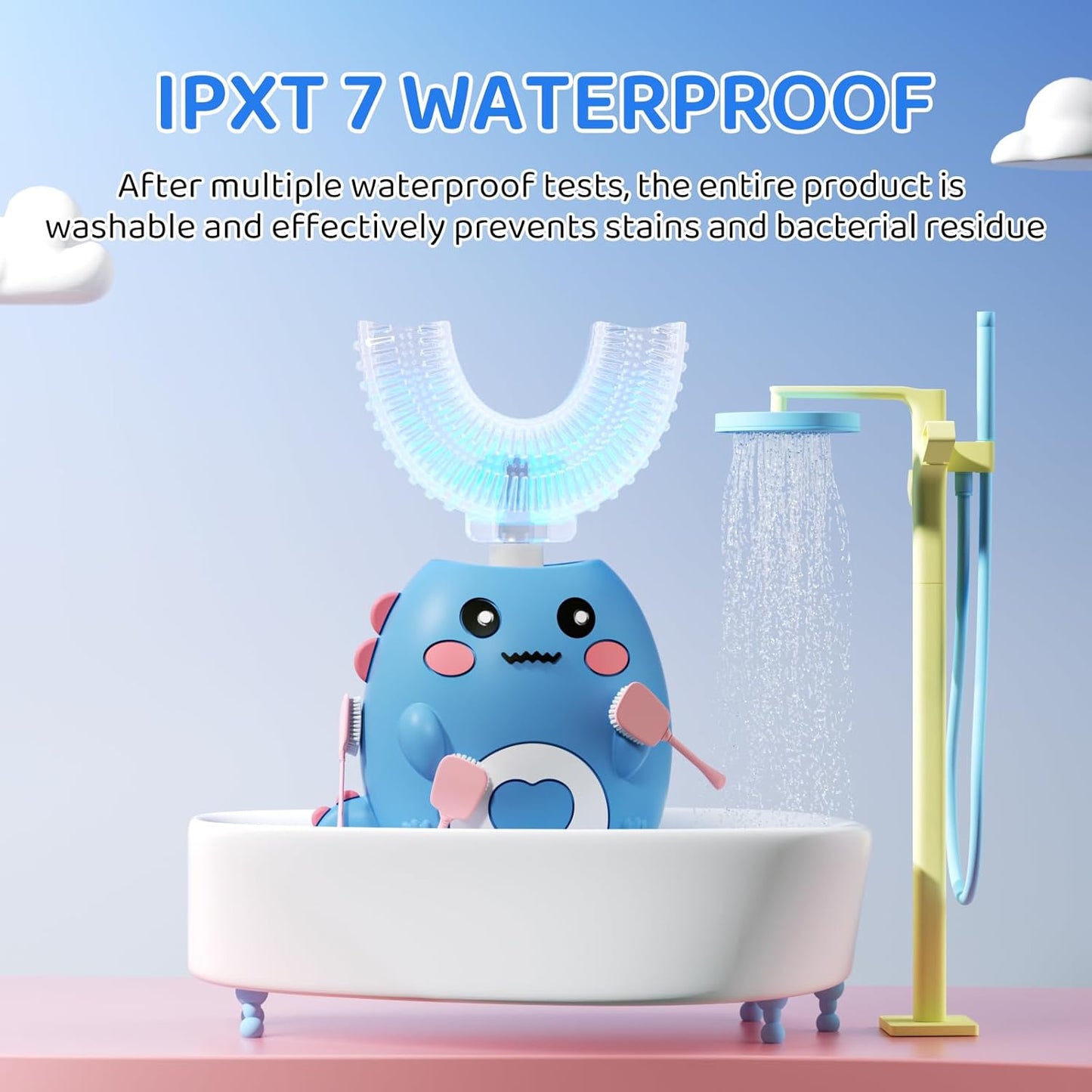 Kids U Shaped Electric Toothbrush, with 3 Cleaning Modes, with 4 Brush Heads, 360° Sonic Automatic Toothbrush, IPX7 Waterproof Cartoon Dinosaur Design (Ages 2-12)