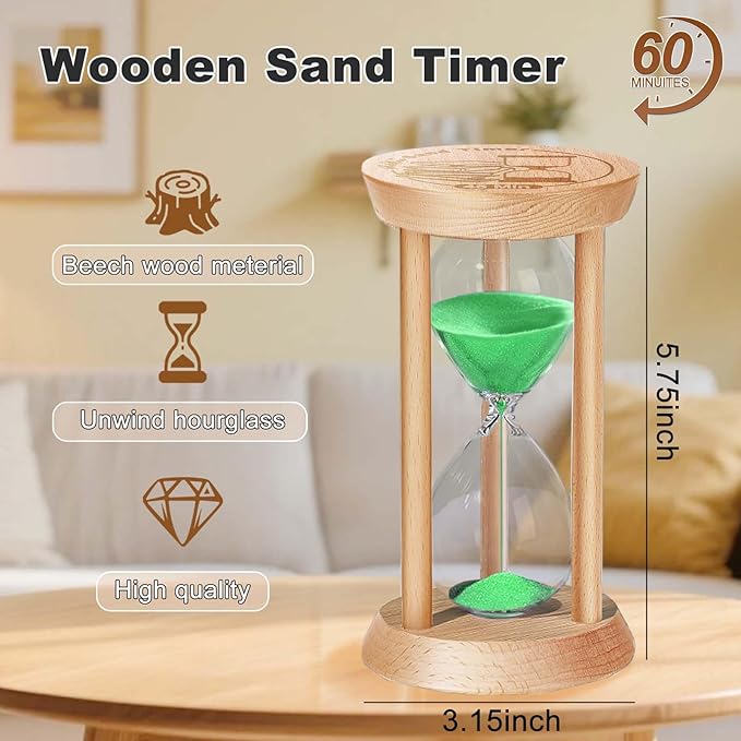 SuLiao Wooden Sand Timer 60 Minute Hourglass, Wood Turquoise Sand Clock, Small Watch 60 Min Timer, Hour Glass Sandglass for Home, Reloj De Arena, Office, Decorative, Game, Classroom
