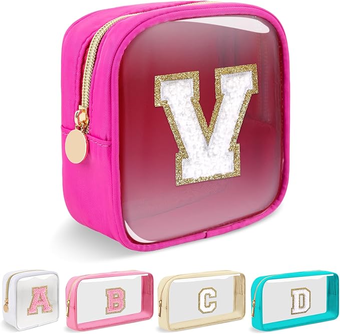 Mini Clear Personalized Initial Makeup Bag,Small Nylon Waterproof Zip Beach Cosmetic Pouch,Preppy A-Z Chenille Letter Patch Cute Coin Purse Travel Toiletry Bag Car Pack Bag for Women(Hot Pink-White V)