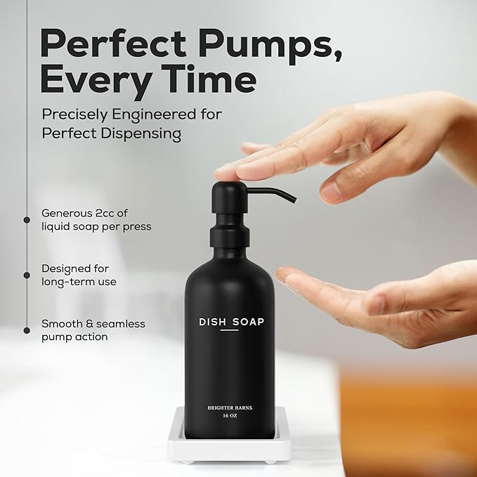 Luxury Glass Hand and Dish Soap Dispenser Set by Brighter Barns - Kitchen Soap Dispenser Set with Tray for Kitchen, Home or Restaurant - Modern Farmhouse Kitchen Decor (Black/White)