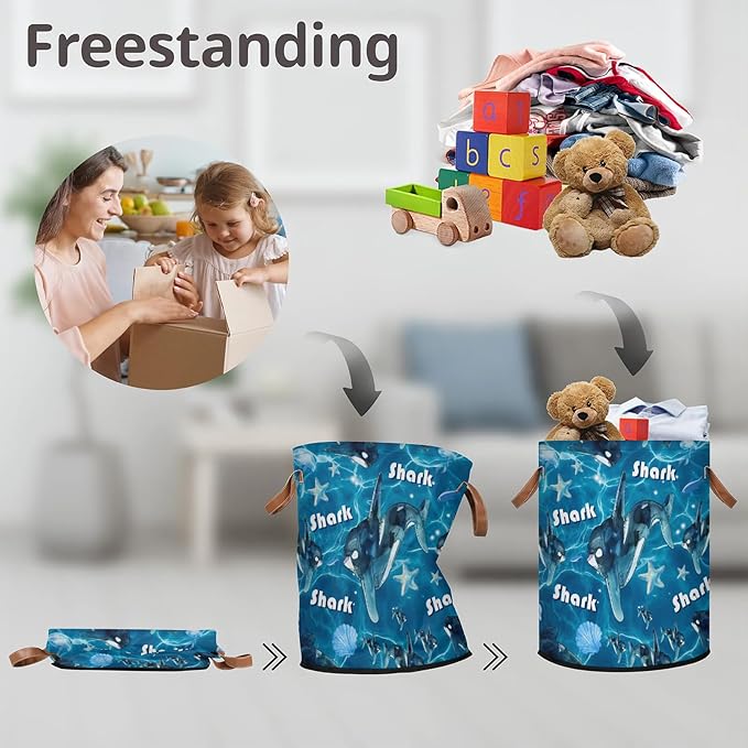 Shark 62L Laundry Basket for Clothes Books Toys Adult Kids Rotundity Laundry Hampers Bin for Bathroom Kitchen Hotel