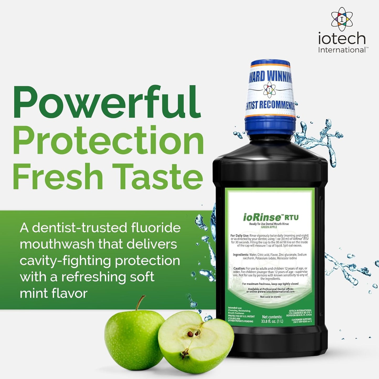 ioRinse Ready-to-Use (RTU) Mouthwash for Fresher Breath, Halitosis Relief, Alcohol-Free, Fluoride-Free and a Professional Clean, Original ioRinse RTU Mouth Wash, Zero Alcohol - Green Apple Flavor, 1L
