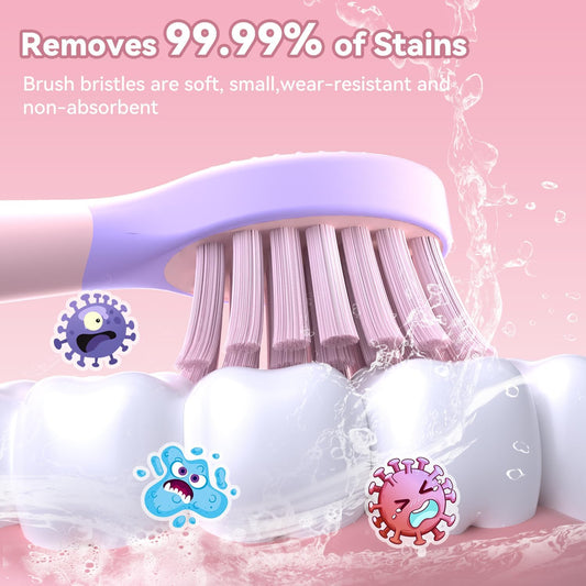 JTF Kids Electric Toothbrush Rechargeable: Sonic Tooth Brush with Smart Timer 5 Brushing Modes 4 Soft Brush Heads IPX7 Waterproof and DIY Sticker, Portable Pink Children Toothbrushes for Girl, Ages 3+