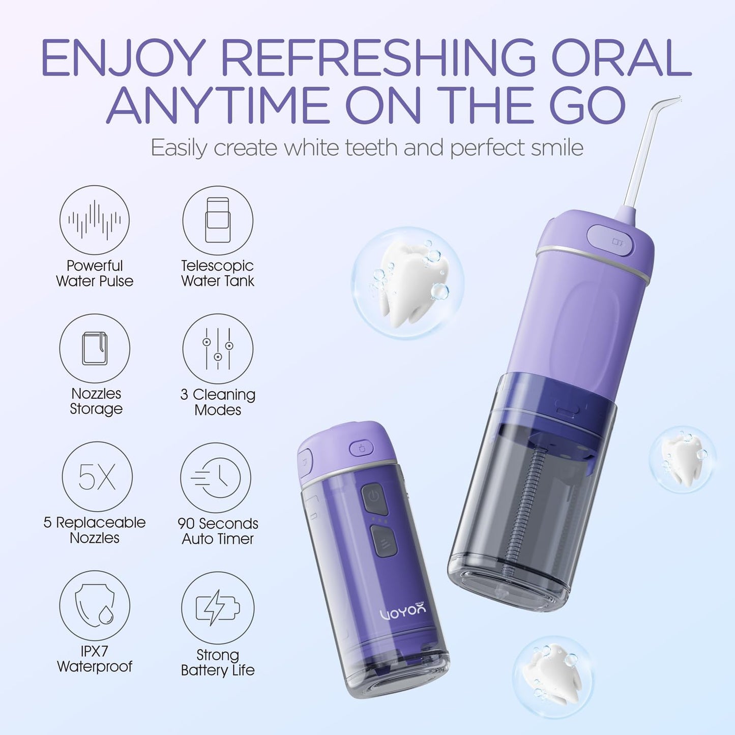 VOYOR-HEALTH Portable Water Flosser Cordless, Mini Travel Oral Irrigator with Telescopic Water Tank, IPX7 Waterproof Water Dental Flosser for Teeth Cleaning Braces & Dental Care WF510 (Purple)