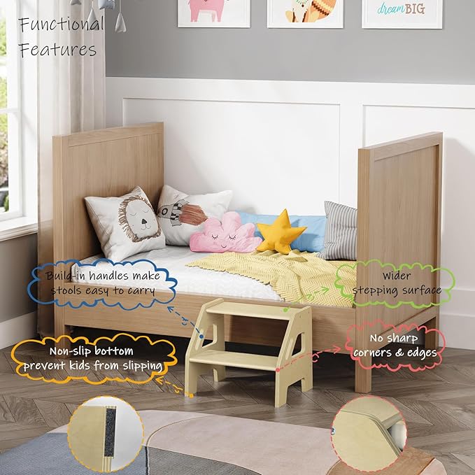 2 Step Stool for Toddlers Bathroom Sink, Kids Step Stool for Toilet Potty Training, Baby Child Toddler Stepping Ladder with Handles for Kitchen Counter Bedroom Nursery Bed (Natural Wood)