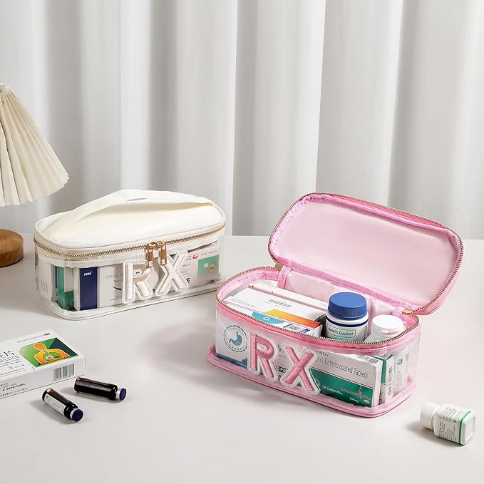 Clear Waterproof MEDS RX Makeup Bag，Transparent PVC Letter Patch medication travel case with Handle and Zipper, Portable Meds First Aid Travel Organizer Cosmetic Bag(03 Pink RX)