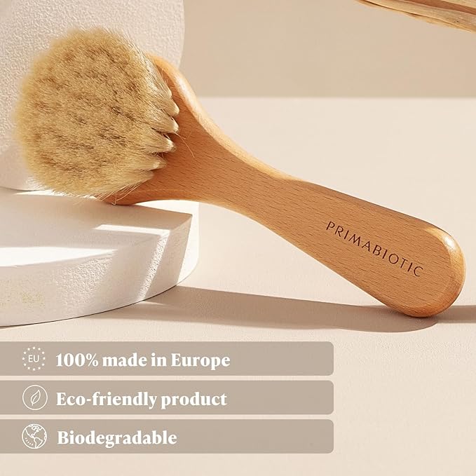 Primabiotic Facial Massage Brush with Pouch – Eco-Friendly Product from Europe – Oak Wood & Goat Hair – Suitable for All Skin Types – Includes Handcrafted Pouch