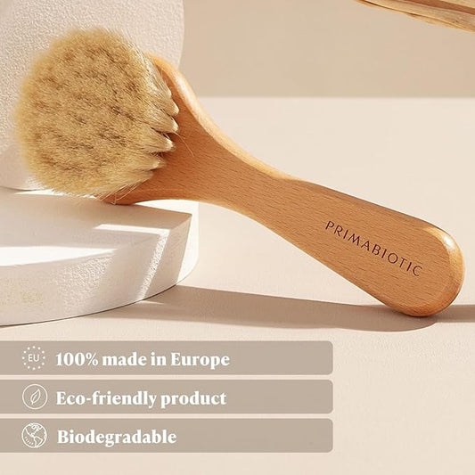 Primabiotic Facial Massage Brush with Pouch – Eco-Friendly Product from Europe – Oak Wood & Goat Hair – Suitable for All Skin Types – Includes Handcrafted Pouch