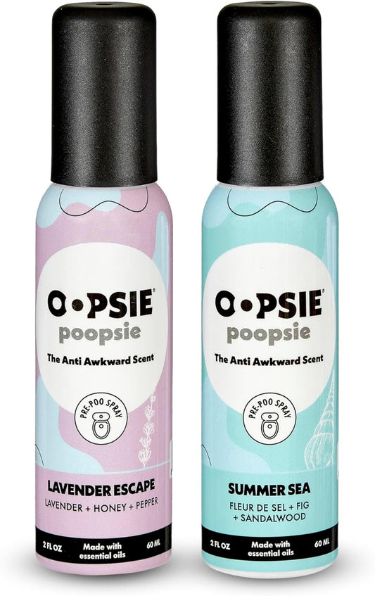 Oopsie Poopsie Pre GO toilet spray, discreet & portable original Pre-poo spray to use on the go. Assorted scents Lavender Scape/Summer Sea Toilet Odor Eliminator 2oz bottle Gift Set 2 pack