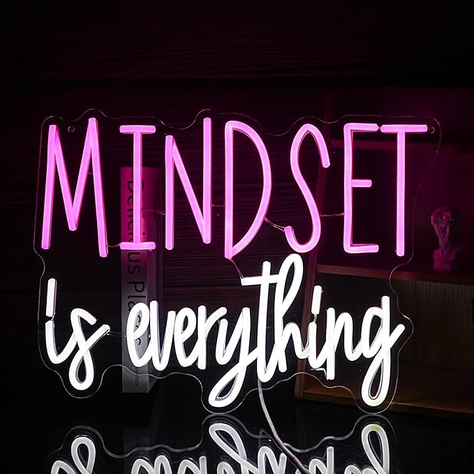 Mindset is Everything Neon Sign Dimmable Inspirational LED Light Up Sign for Wall Decor USB Powered Positive Quotes Motivational Neon Light for Office School Home Led Decor (Pink White)