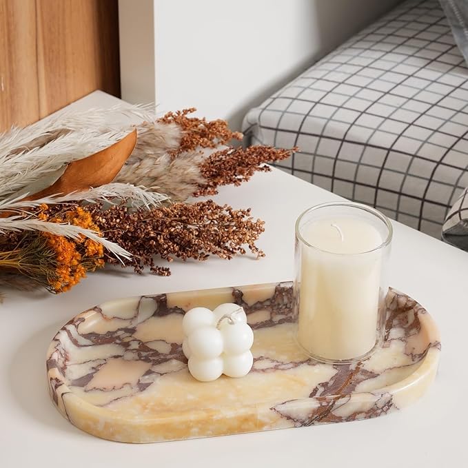 Koville Natural Marble Tray for Decor, Marble Vanity Tray for Perfume, Cosmetics, Jewelry, Stone Decorative Trays for Dresser Organizer, Storage Trays for Home Bathroom Countertop(Calacatta Viola)