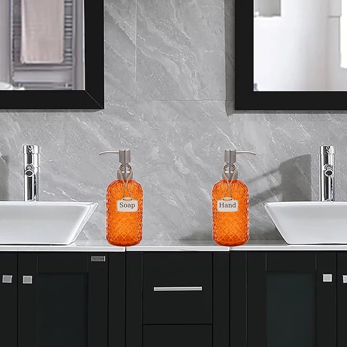 16 oz Diamond Pattern Glass Soap Dispenser, Kitchen and Bathroom Refillable Soap Dispenser with Rust Resistant Stainless Steel Pump for Hand Soap, Lotion Glass Liquid Dispenser (Orange-2pack)