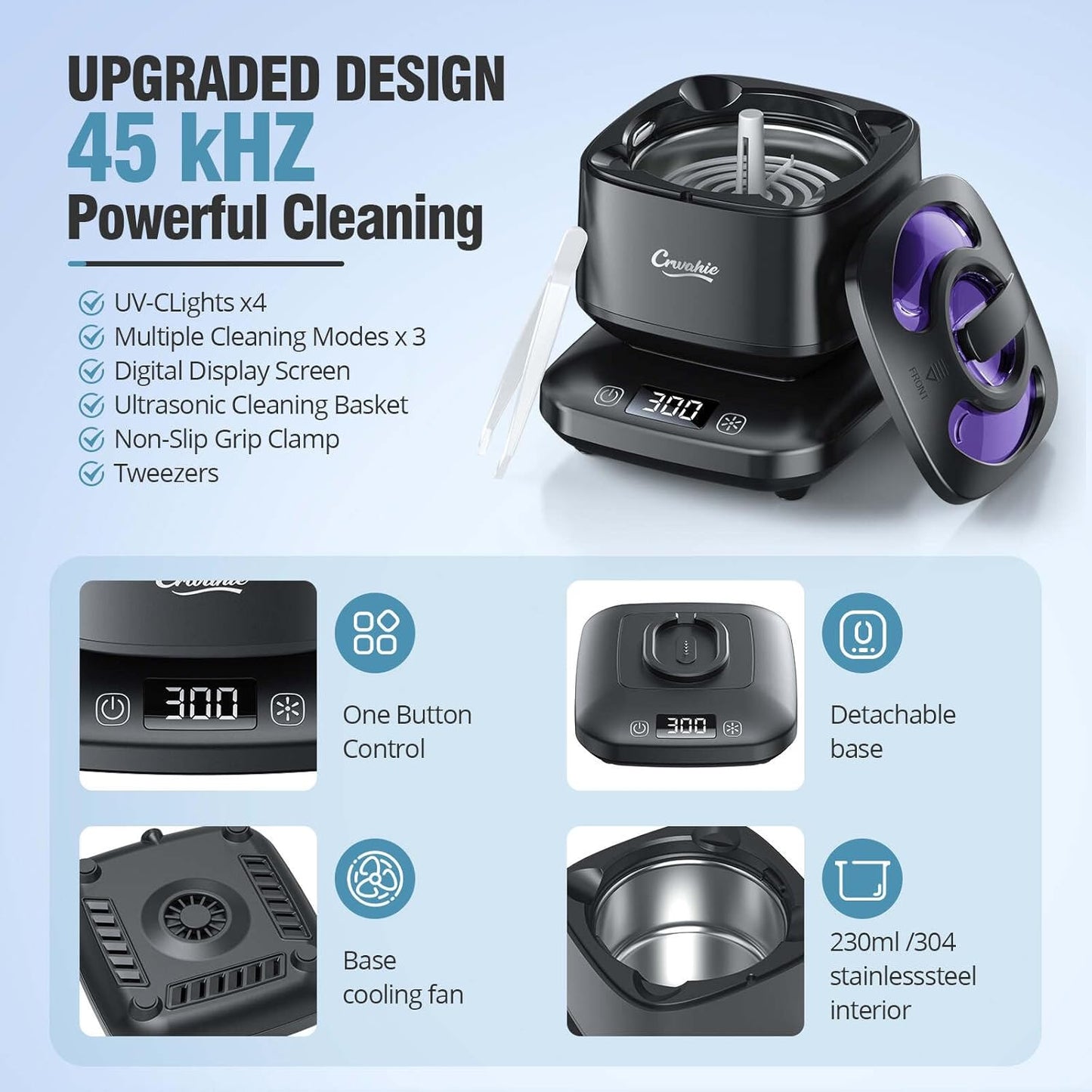 Ultrasonic Retainer Cleaner, Detachable 45kHz Retainer Cleaner Machine 3 Modes Dental Cleaning Pod with Visible Window Digital Timer for Mouth Guard, Dentures, Aligner, Braces, Jewelry - Black