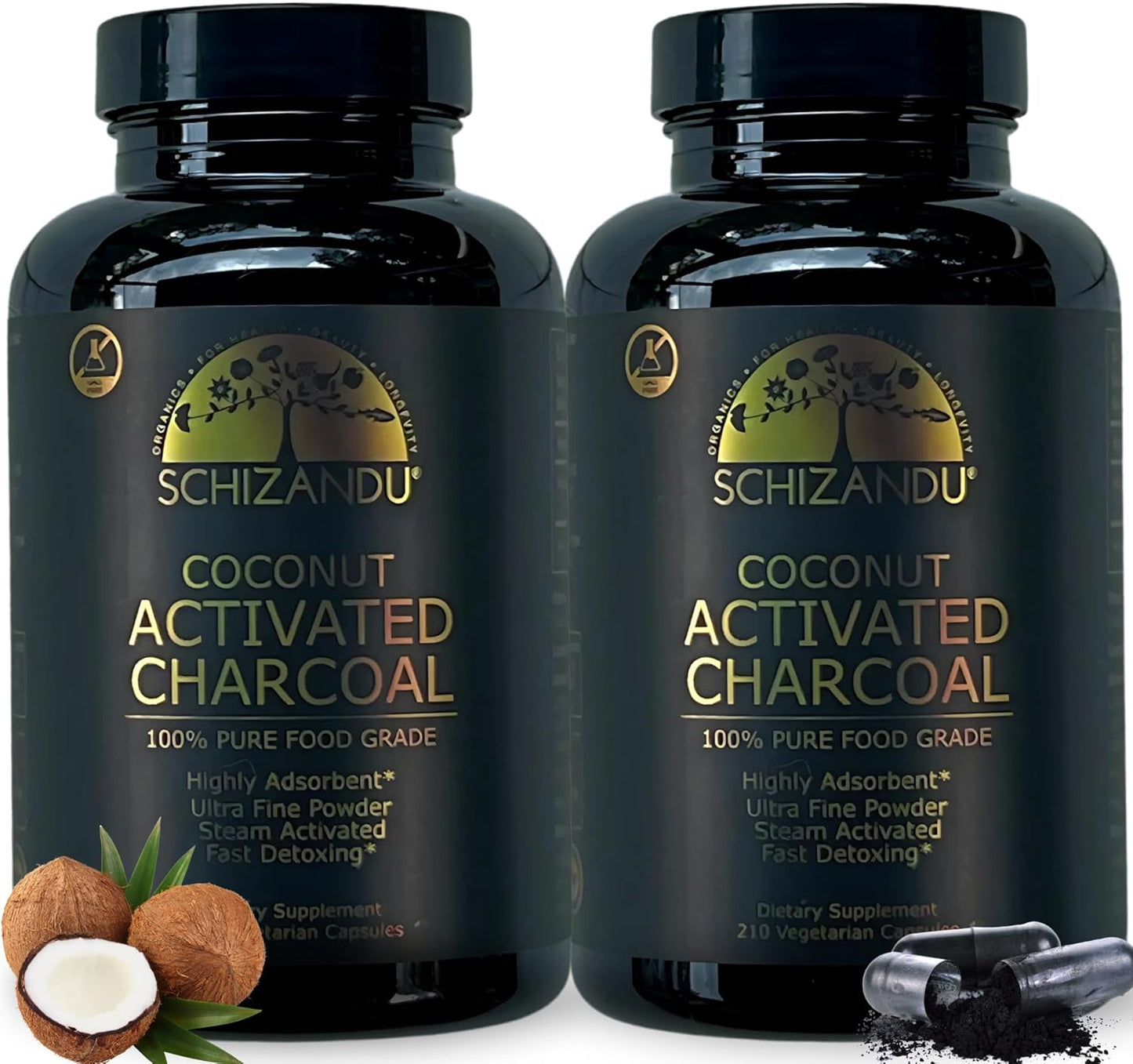 Activated Coconut Charcoal Capsules- Supports Health - Vegan, Organic, Non-GMO, No Additives - X-Large Bottle 210 Count - Pack of 2