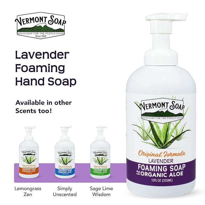 VERMONT SOAP Organic Lavender Foaming Hand Soap - Natural Moisturizing Soap for Dry Skin - Fragrance Free Liquid Bathroom Hand Soap Dispenser - Lavender - 12 oz