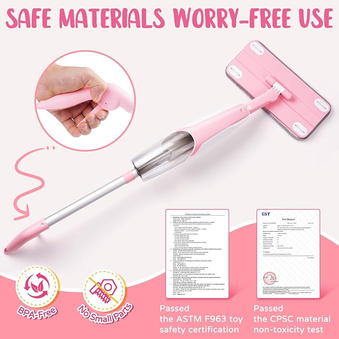 Pink Mini Spray Mop for Toddler-Girls Montessori Cleaning Toy That Real Spray Water,Pretend Playhouse Essentials for Girls Ages 3-8,Toddler Educational Housekeeping Set