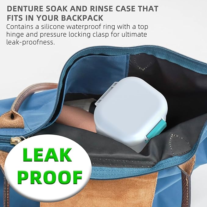 ARGOMAX Leak Proof Denture Bath Cup, Portable Soaking Denture Box, Denture Bath Case with Strainer, for Dentures and Braces (White + Cyan).