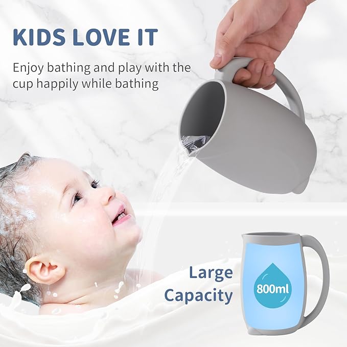 Bath Rinse Cup with Easy Grip Handle - Baby Brand, Children's Shampoo and Body Wash Rinser, Food Grade Silicone, Penguin (Grey)