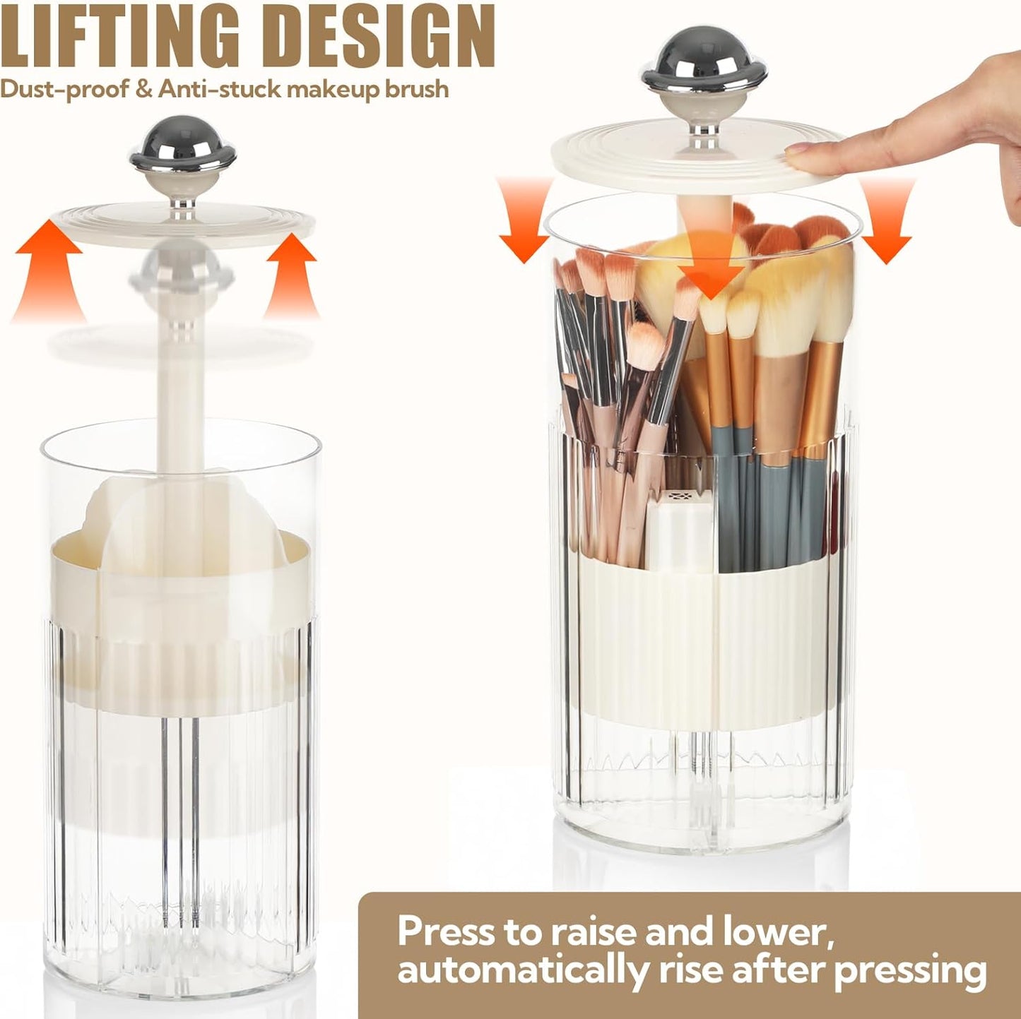 2 Pack Makeup Brush Holder with Lid Automatic Lifting Makeup Brush Organizer with Lid Dustproof & Waterproof 4-Compartment Clear Makeup Organizer for Vanity,Office,School,Dorm Room,Silver+Silver