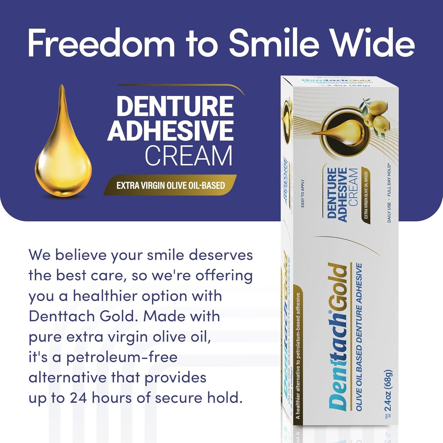 Denttach Gold Denture Adhesive, Petroleum Free Olive Oil Based Premium Denture Adhesive Cream for Full and Partial Dentures, All Day Secure Hold Denture Glue, Zinc Free, 2.4 Ounce (Pack of 2)