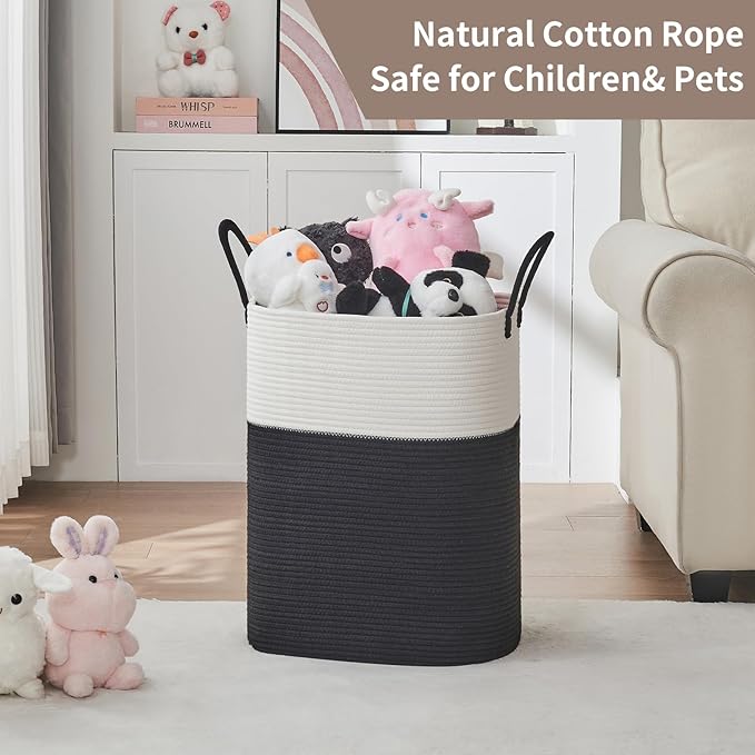 Laundry Basket with Handles - Blanket Basket & Hampers for Bedroom Aesthetic, Laundry Hamper & Blanket Storage for Living Room, Clothes Hamper, Tall, Large 17" x 14" x 25”, White & Black