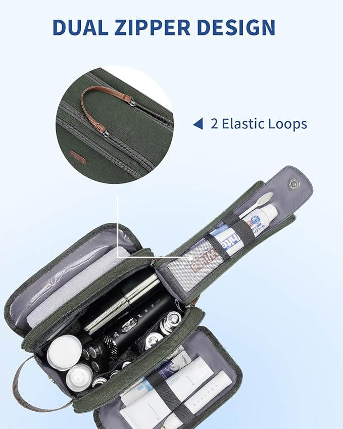 WANDF Toiletry Bag for Men Travel Toiletry Organizer Canvas and Leather Dopp Kit Water-Resistant Shaving Bag for Travel Accessories (Green, Medium)