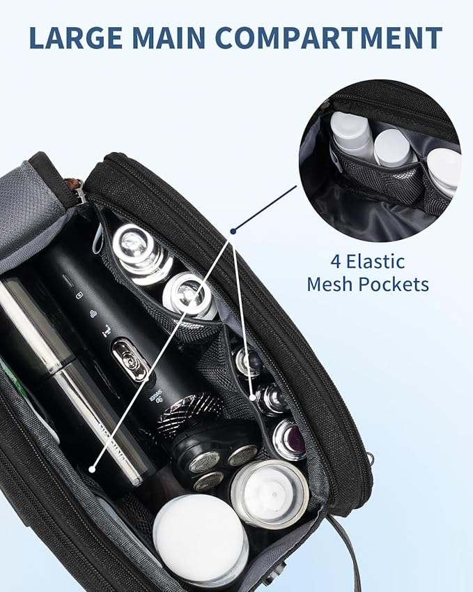 WANDF Toiletry Bag for Men Travel Toiletry Organizer Canvas and Leather Dopp Kit Water-Resistant Shaving Bag for Travel Accessories (Black, Medium)