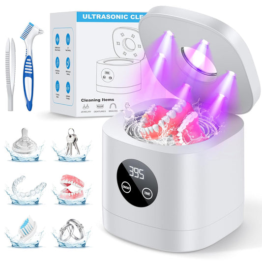 TEBAL Ultrasonic Retainer Cleaner Machine, 52kHz Ultrasonic Denture Cleaner for Night Guards, Braces, Toothbrush Heads, Jewelry and More, Ultrasonic Cleaner for Retainers with 250ML Capacity, White
