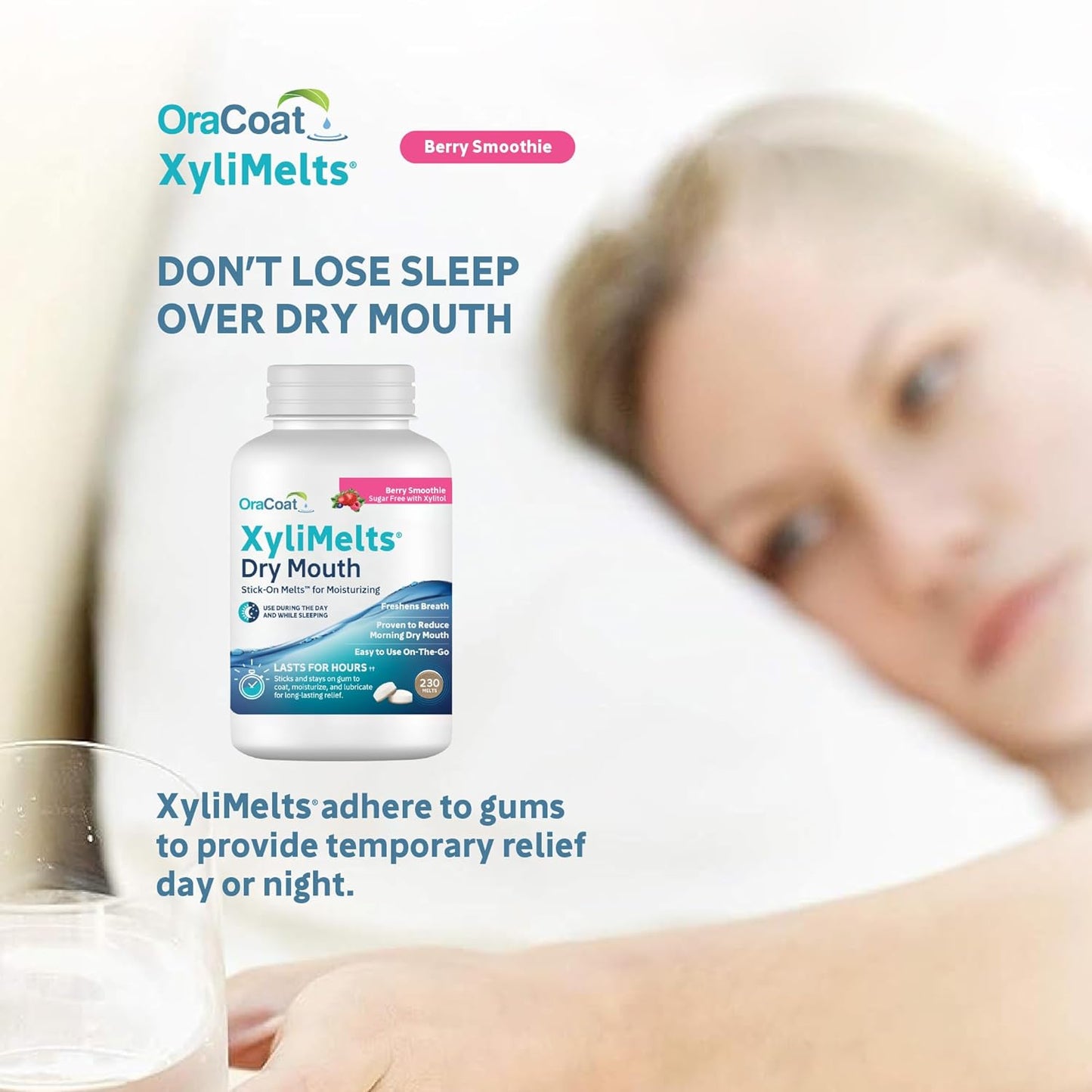 Oracoat XyliMelts for Dry Mouth Night Time or Day - Moisturizing Dry Mouth Adhering Discs, Sugar Free with Xylitol, 230 Count, Berry Smoothie Flavor, 8-Hour Relief