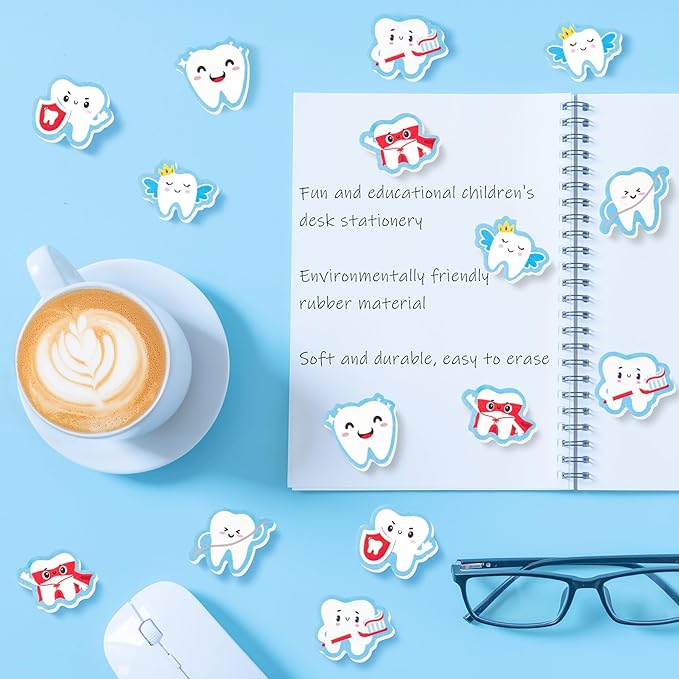CJiangpo 60Pcs Tooth Mini Erasers for Kids Bulk, Cute Tooth Fairy Pencil Rubber Eraser Cartoon Novelty Teeth Themed Party Favors Filler School Classroom Prizes Gifts