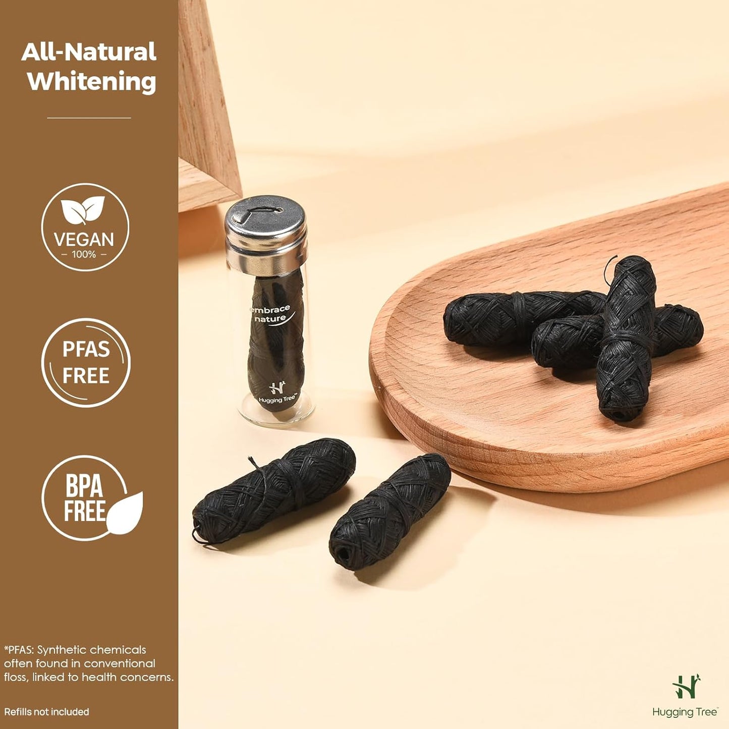 Charcoal Dental Floss with Refillable Glass Dispenser | PFAS Free Dental Floss | Mint (33 Yards)