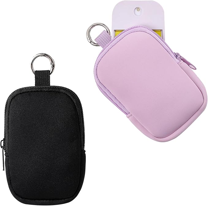 2Pcs Small Makeup Bag, Mini Portable Travel Cosmetic Bag, Soft Neoprene Makeup Pouch with Zipper, Fashion Accessory with Snap Hook, Cute Coin Purse Lipstick Cosmetic Travel Organizer(Black+ Purple)