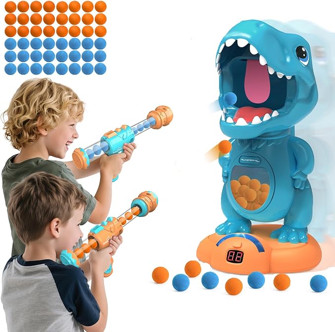 EagleStone Movable Dinosaur Shooting Toys for Boys – Electronic Target Practice with 2 Air Pump Guns, LCD Score Tracker, Sound Effects & 48 Foam Balls, for Kids 5 6 7 8 9