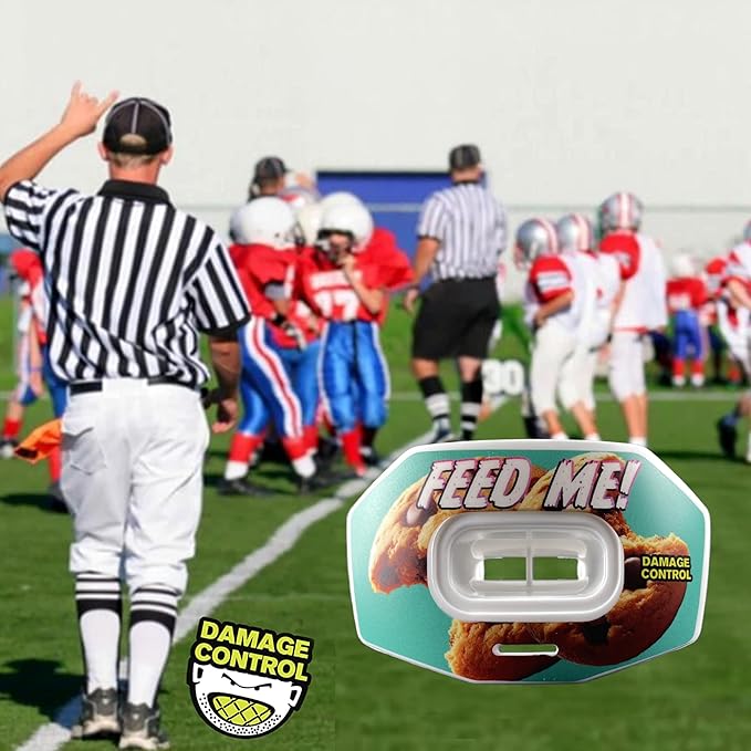 DAMAGE CONTROL Youth Football Mouth Guard – Breathable No Boil Mouthpiece, Protects Lips & Teeth, Works with Braces, Includes Helmet Strap – Sports Gear & Accessories (Feed Me!)