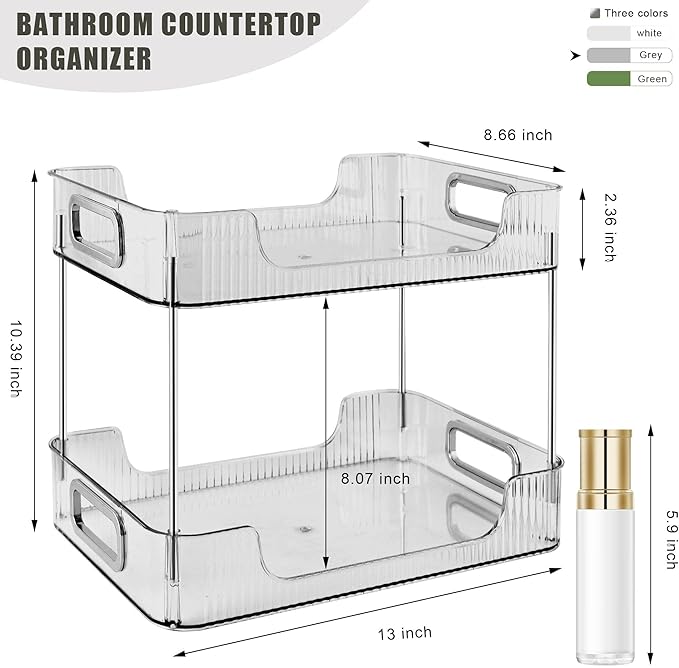2-Tier Bathroom Counter Organizer Countertop Storage, Dresser Organizer Vanity Tray for Makeup, Perfume Organizer Cosmetics Skincare Shelf - Grey