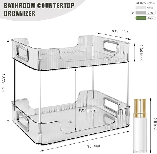 2-Tier Bathroom Counter Organizer Countertop Storage, Dresser Organizer Vanity Tray for Makeup, Perfume Organizer Cosmetics Skincare Shelf - Grey