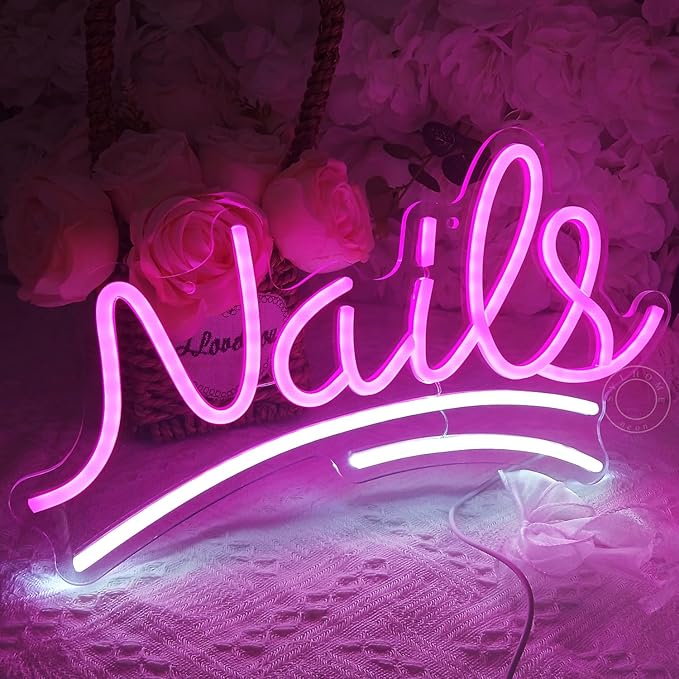 SYLHOME Nails Led Neon Light Sign Pink Business Wall Windows Sign Decor Nails Bar Beauty Salon Girls Bedroom Hanging Light Up Sign USB Birthday Makeup Decor 15.75"X8.7"